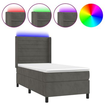 Cama Box Spring Colchón Y Led Terciopelo Gris Oscuro 90x200 Cm