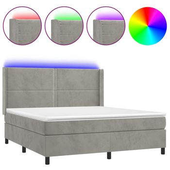 Cama Box Spring Colchón Y Led Terciopelo Gris Claro 160x200 Cm