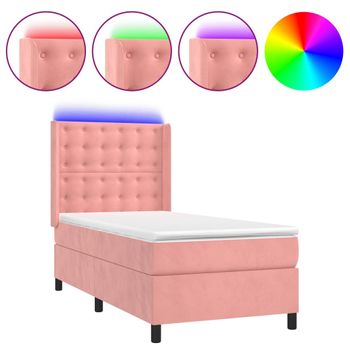 Cama Box Spring Colchón Y Led Terciopelo Rosa 90x200 Cm