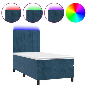 Cama Box Spring Colchón Y Led Terciopelo Azul Oscuro 90x190 Cm