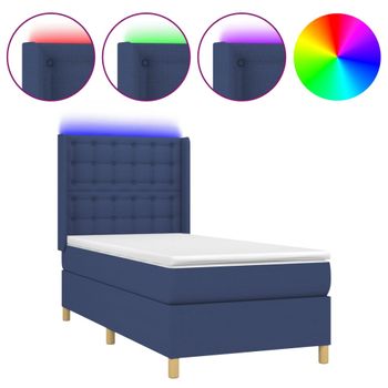 Cama Box Spring Colchón Y Luces Led Tela Azul 90x190 Cm