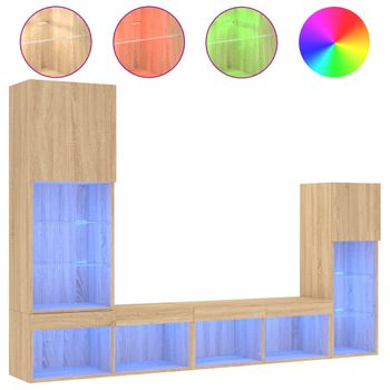 Muebles Tv Pared Con Led 4 Piezas Madera Ingeniería Roble Sonoma