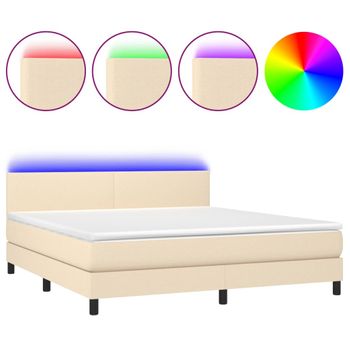 Cama Box Spring Con Colchón Y Led Tela Crema 180x200 Cm