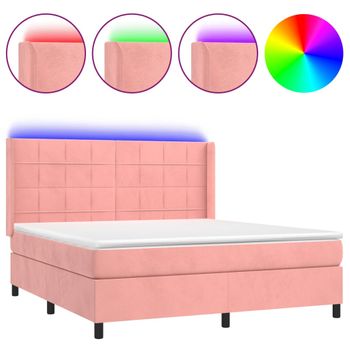 Cama Box Spring Colchón Y Led Terciopelo Rosa 180x200 Cm