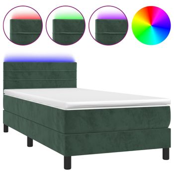 Cama Box Spring Colchón Y Led Terciopelo Verde Oscuro 100x200cm