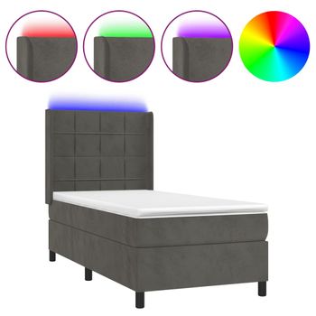 Cama Box Spring Colchón Y Led Terciopelo Gris Oscuro 80x200 Cm