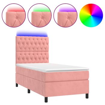 Cama Box Spring Colchón Y Led Terciopelo Rosa 100x200 Cm