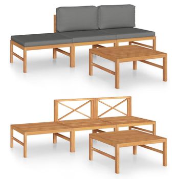 Set De Muebles De Jardín 4 Piezas Madera De Teca Y Cojines Gris