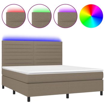 Cama Box Spring Colchón Y Luces Led Tela Gris Taupe 180x200 Cm