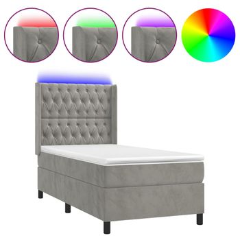 Cama Box Spring Colchón Y Led Terciopelo Gris Claro 80x200 Cm