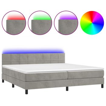 Cama Box Spring Colchón Y Led Terciopelo Gris Claro 200x200 Cm