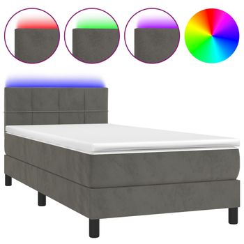 Cama Box Spring Colchón Y Led Terciopelo Gris Oscuro 90x200 Cm