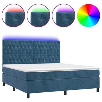 Cama Box Spring Colchón Y Led Terciopelo Azul Oscuro 180x200 Cm