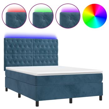 Cama Box Spring Colchón Y Led Terciopelo Azul Oscuro 140x190 Cm