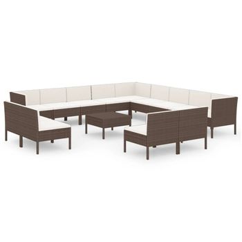 Set Muebles De Jardín 14 Piezas Y Cojines Ratán Sintético Marrón