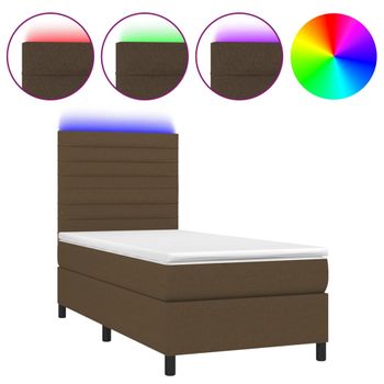 Cama Box Spring Colchón Y Luces Led Tela Marrón Oscuro 80x200cm