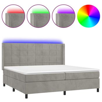 Cama Box Spring Colchón Y Led Terciopelo Gris Claro 200x200 Cm