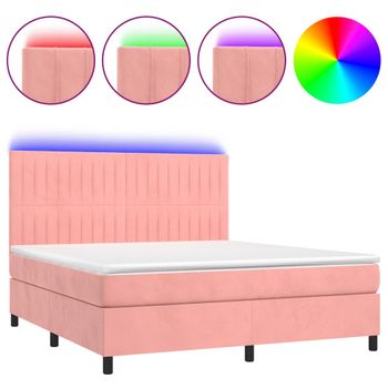 Cama Box Spring Colchón Y Led Terciopelo Rosa 180x200 Cm