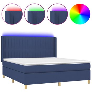 Cama Box Spring Colchón Y Luces Led Tela Azul 180x200 Cm