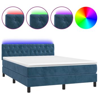 Cama Box Spring Colchón Y Led Terciopelo Azul Oscuro 140x190 Cm