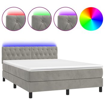 Cama Box Spring Colchón Y Led Terciopelo Gris Claro 140x190 Cm