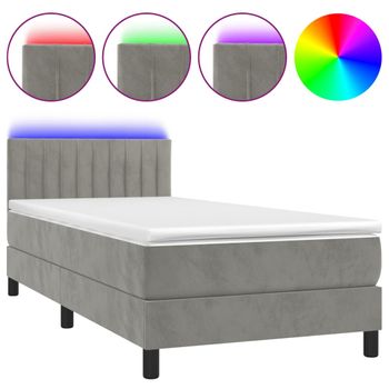 Cama Box Spring Colchón Y Led Terciopelo Gris Claro 100x200 Cm