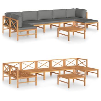 Set De Muebles De Jardín 8 Piezas Madera De Teca Y Cojines Gris