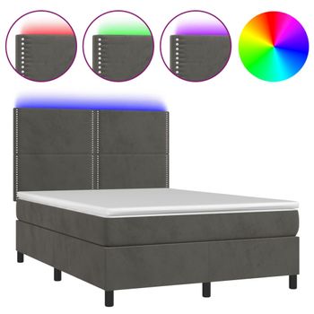 Cama Box Spring Colchón Y Led Terciopelo Gris Oscuro 140x200 Cm