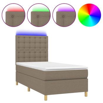 Cama Box Spring Colchón Y Luces Led Tela Gris Taupe 90x190 Cm