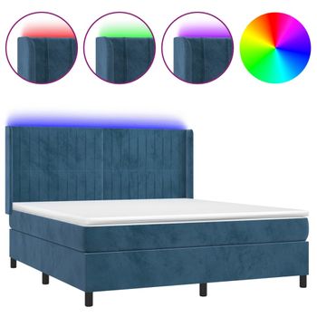 Cama Box Spring Colchón Y Led Terciopelo Azul Oscuro 180x200 Cm