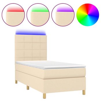 Cama Box Spring Colchón Y Luces Led Tela Crema 80x200 Cm