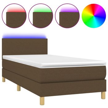 Cama Box Spring Colchón Y Luces Led Tela Marrón Oscuro 80x200cm