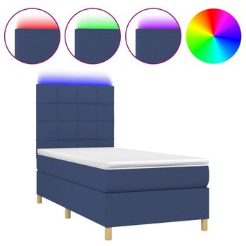 Cama Box Spring Colchón Y Luces Led Tela Azul 80x200 Cm