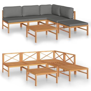 Set De Muebles De Jardín 6 Piezas Madera De Teca Y Cojines Gris