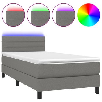 Cama Box Spring Colchón Y Luces Led Tela Gris Oscuro 80x200 Cm