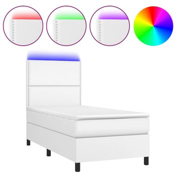 Cama Box Spring Y Colchón Led Cuero Sintético Blanco 80x200 Cm