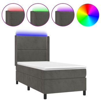 Cama Box Spring Colchón Y Led Terciopelo Gris Oscuro 80x200 Cm