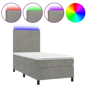 Cama Box Spring Colchón Y Led Terciopelo Gris Claro 100x200 Cm