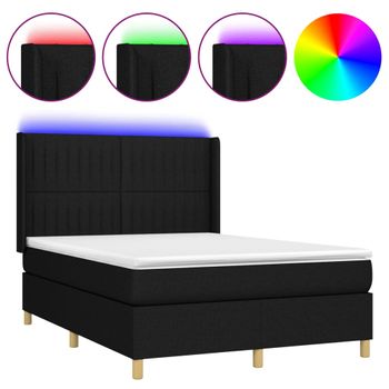 Cama Box Spring Colchón Y Luces Led Tela Negro 140x190 Cm