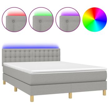 Cama Box Spring Colchón Y Luces Led Tela Gris Claro 140x190 Cm