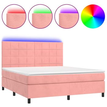 Cama Box Spring Colchón Y Led Terciopelo Rosa 180x200 Cm