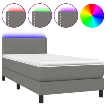 Cama Box Spring Colchón Y Luces Led Tela Gris Oscuro 90x200 Cm