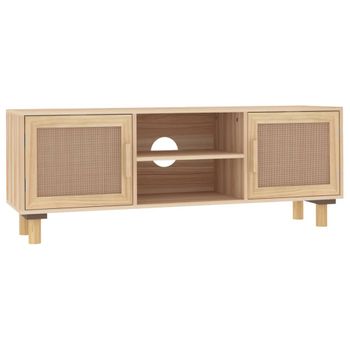 Mueble Para Tv Madera Maciza Pino Y Ratán Natural 105x30x40 Cm