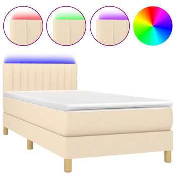 Cama Box Spring Con Colchón Y Led Tela Crema 100x200 Cm