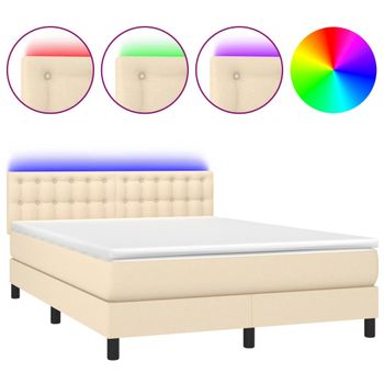 Cama Box Spring Colchón Y Luces Led Tela Crema 140x190 Cm