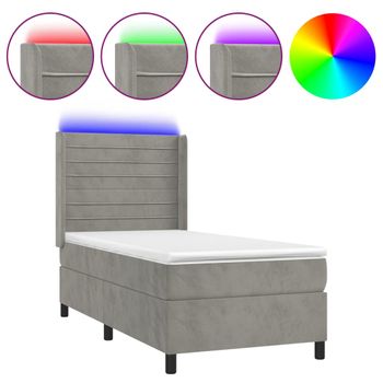 Cama Box Spring Colchón Y Led Terciopelo Gris Claro 100x200 Cm