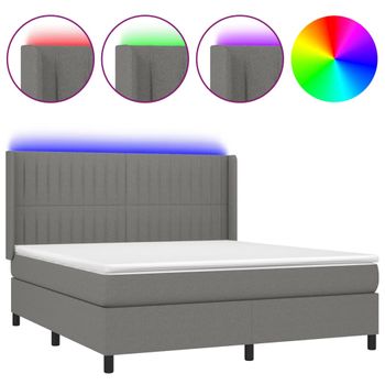 Cama Box Spring Colchón Y Luces Led Tela Gris Oscuro 180x200 Cm