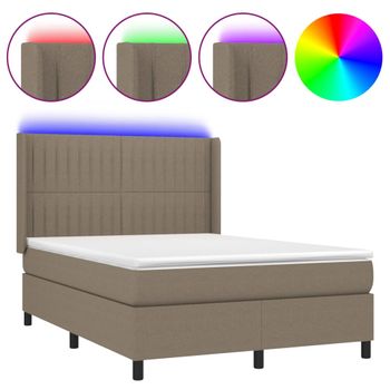 Cama Box Spring Colchón Y Luces Led Tela Gris Taupe 140x200 Cm