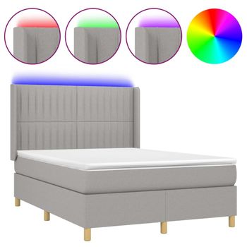 Cama Box Spring Colchón Y Luces Led Tela Gris Claro 140x200 Cm