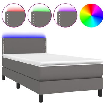 Cama Box Spring Y Colchón Led Cuero Sintético Gris 80x200 Cm